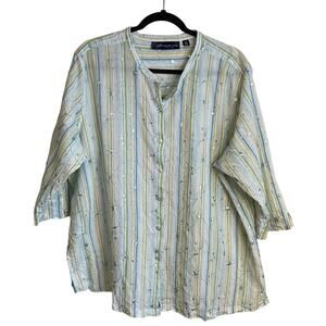 Susan Graver Button Up Blouse Top Sz 3X Sequins Embroidered Floral Stripes